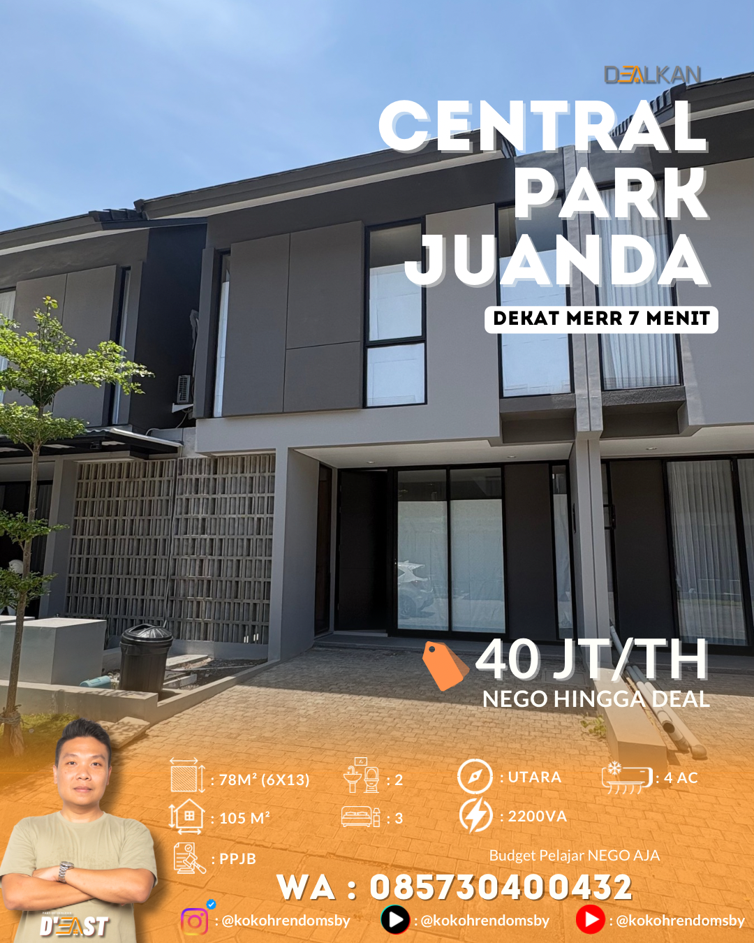Rumah Sewa : 40 Juta Nego - AC 4 Biji , Central Park Juanda - Dealkan